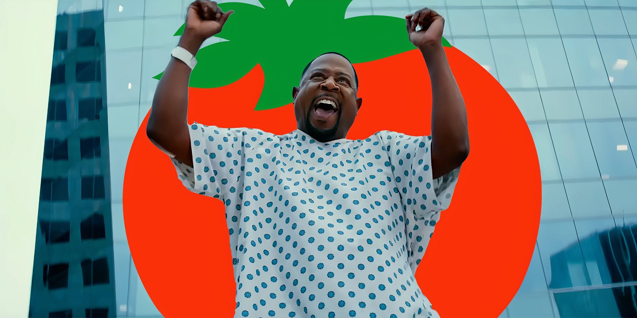 Martin Lawrence as Marcus dancing and smiling in Bad Boys Ride or Die with Rotten Tomatoees Fresh logo in the background