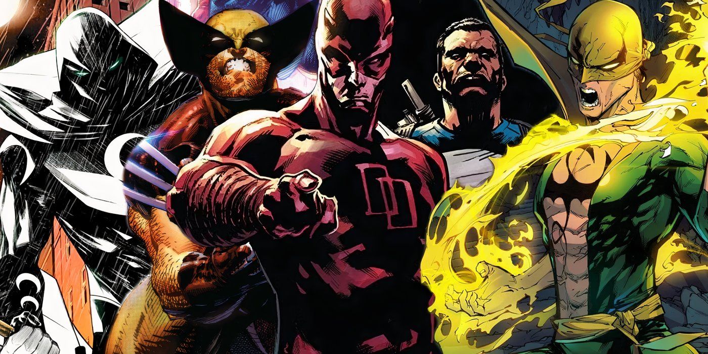 Marvel Knights team from left to right featuring Moon Knight, Wolverine, Daredevil, The Punisher, and Iron Fist