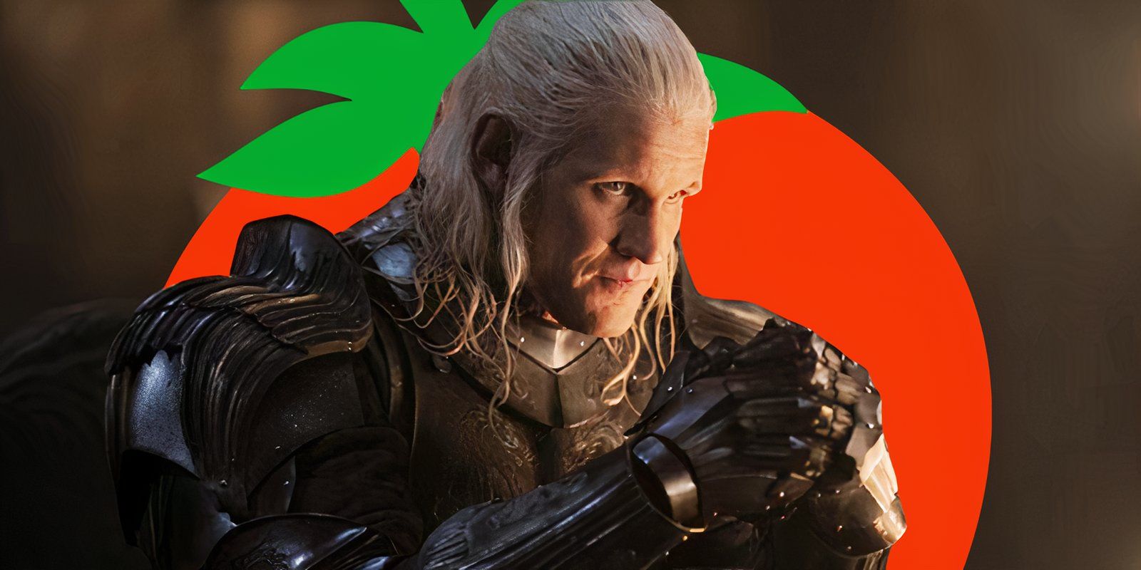 Matt Smith as Daemon Targaryen in House of the Dragon season 2 with a Rotten Tomatoes logo behind his head
