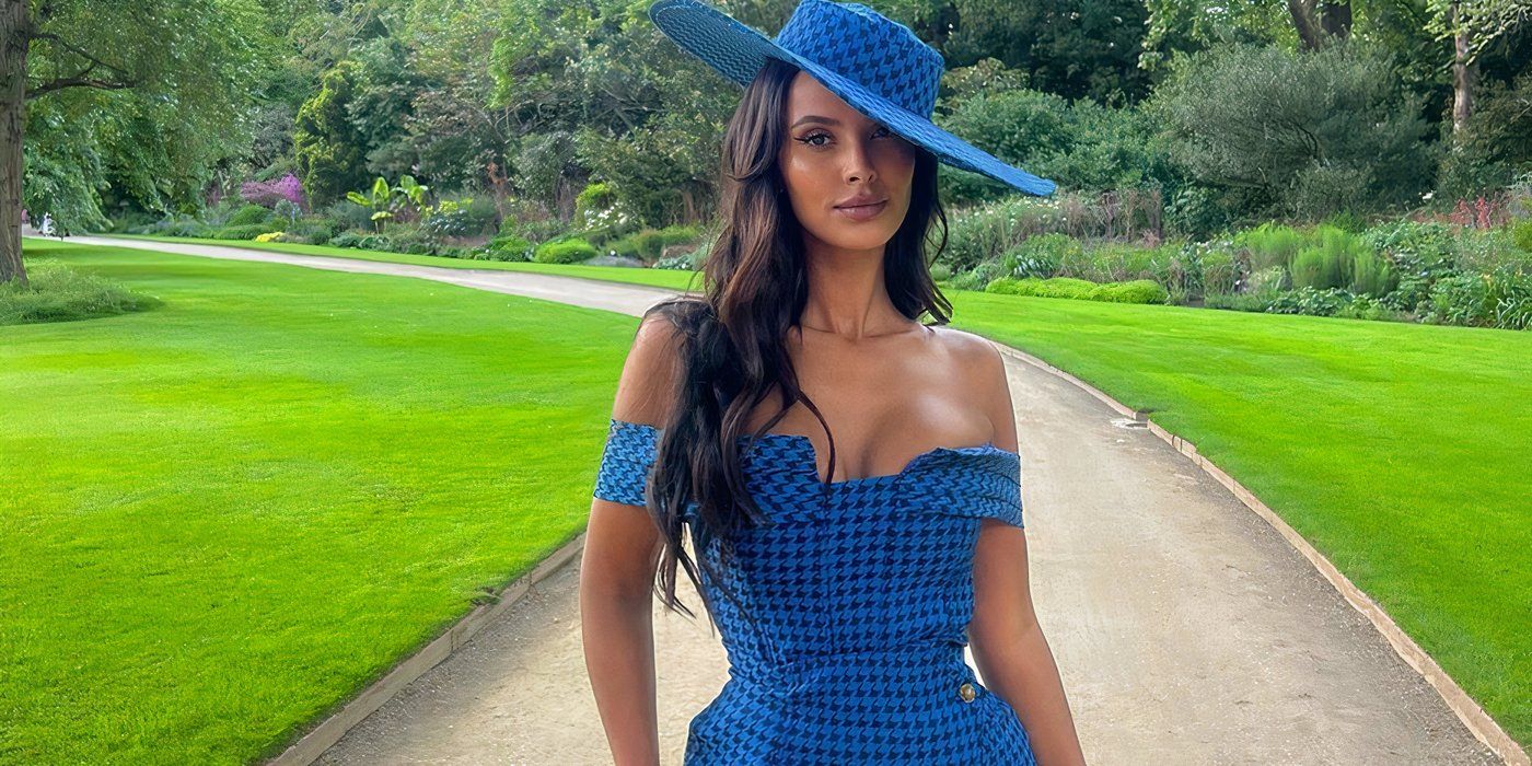 Love Island season 11 host Maya Jama in a checked blue off shoulder dress and a hat