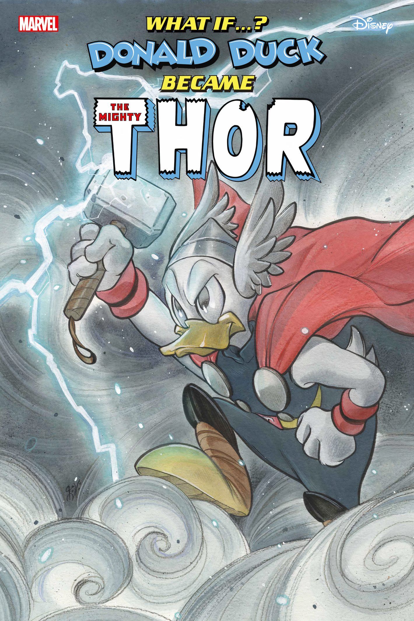 What If Donald Duck Became The Mighty Thor, Peach Momoko variant cover, Donald in Thor's classic outfit.