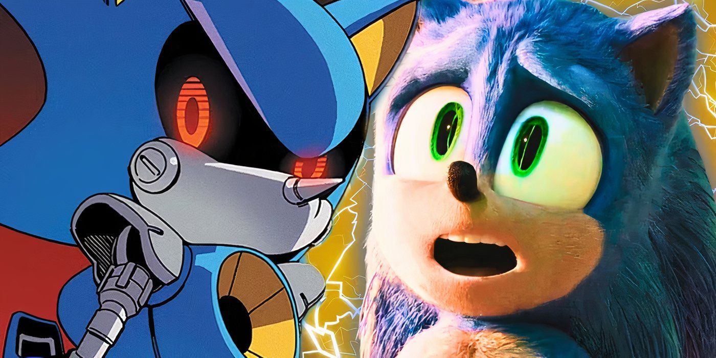 Metal Sonic brilhando nos quadrinhos de Sonic the Hedgehog e Sonic parecendo preocupado no filme Sonic the Hedgehog