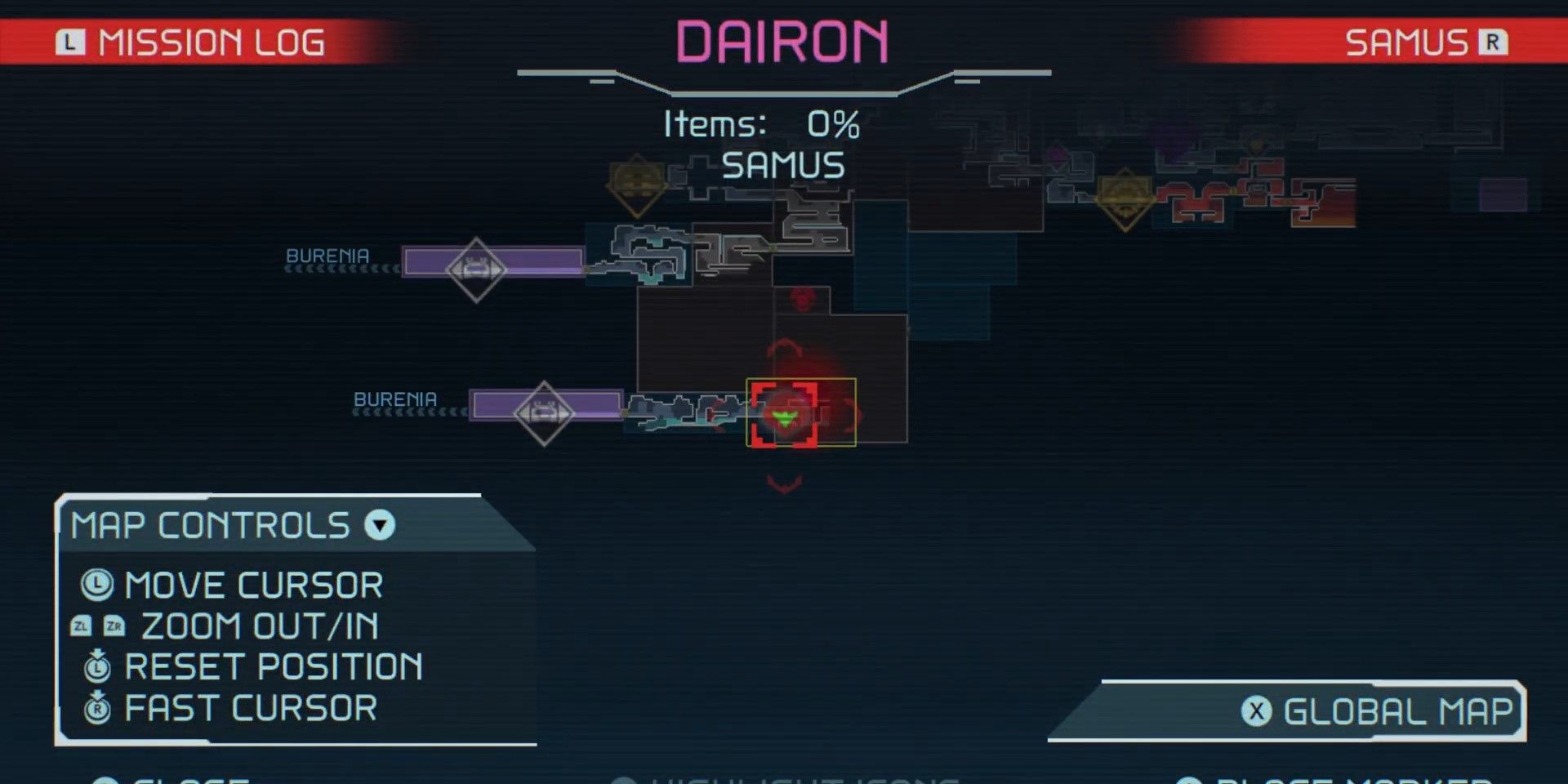 A localização da Unidade Central em Metroid Dread no mapa de Dairon