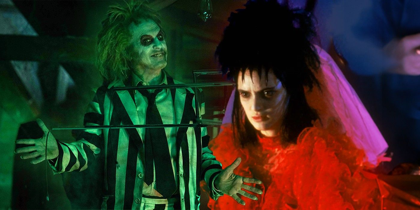 Michael Keaton as Beetlejuice with a green shadow in Beetlejuice 2 and Winona Ryder as Lydia in her red wedding dress in Beetlejuice