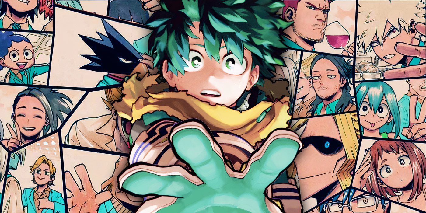 Midoriya reaching out his palm looking surprised with a collage of class 1 a and other central characters from my hero academia in the background