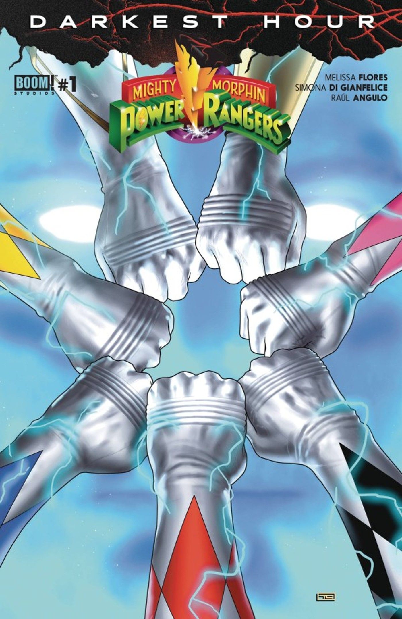 Capa do Mighty Morphin Power Rangers Darkest Hour #1 mostrando a equipe juntando os punhos