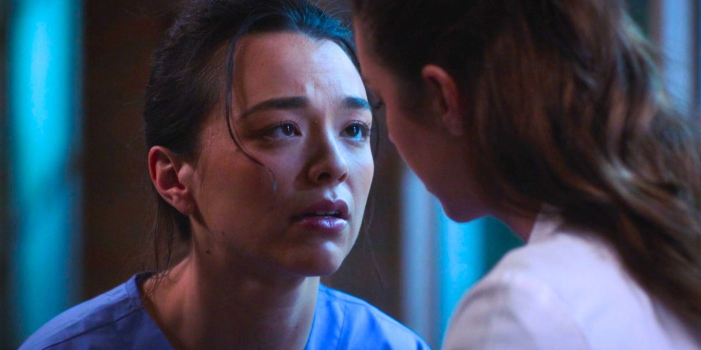 Mika Yasuda looks sad after learning from Jules that their patient died in the finale of Grey's Anatomy season 20