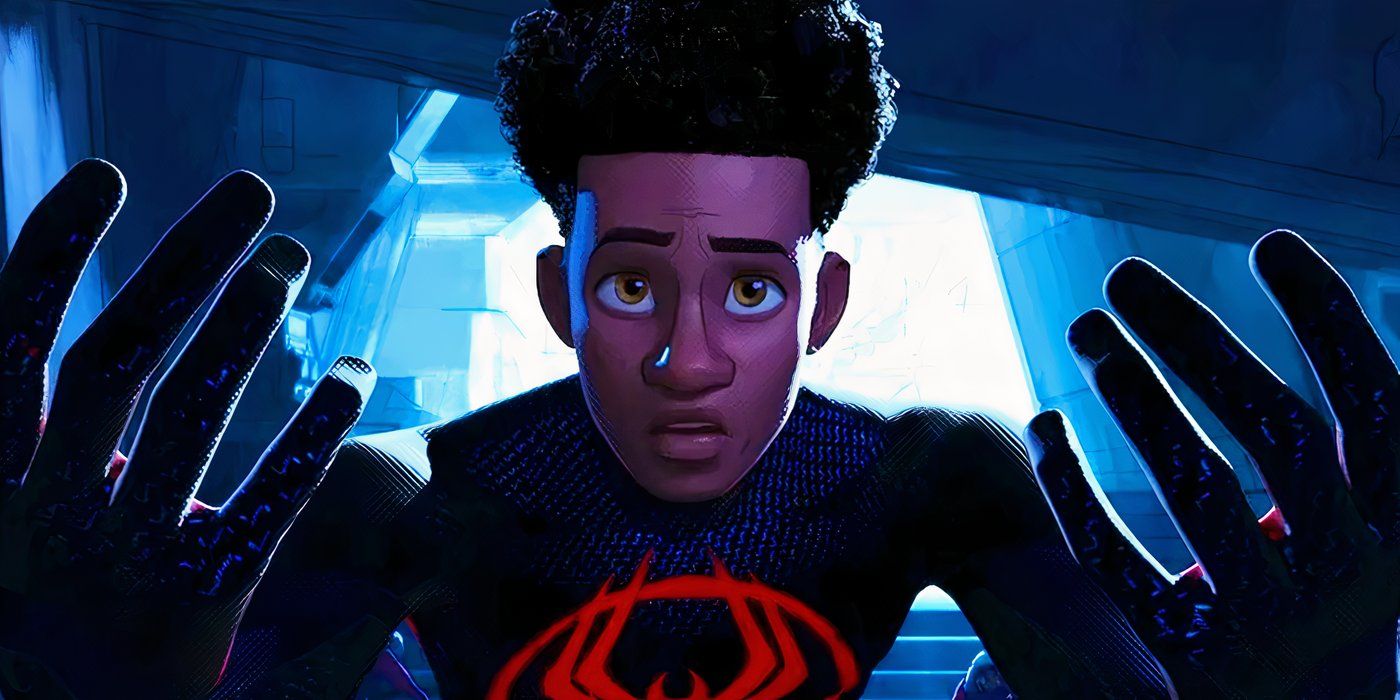 Miles Morales about to run from the Spider Society in Spider-Man Across the Spider-Verse