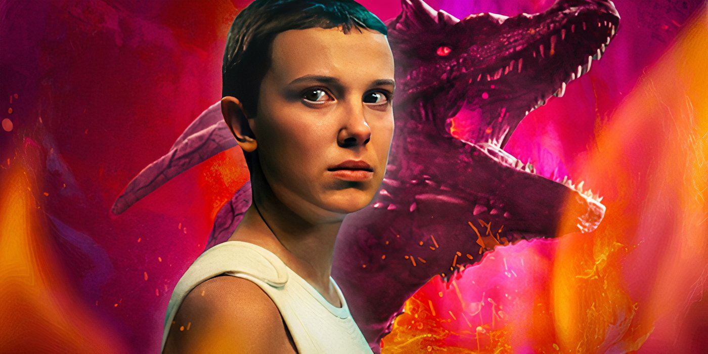 Millie Bobby Brown's Eleven from Stranger Things in front of the dragon from Damsel