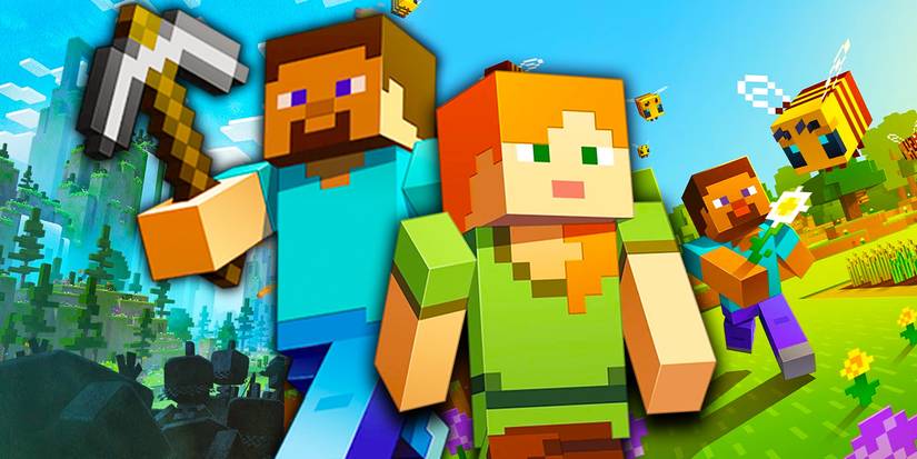 Minecraft landscapes in the background with Steve and Alex in front of them