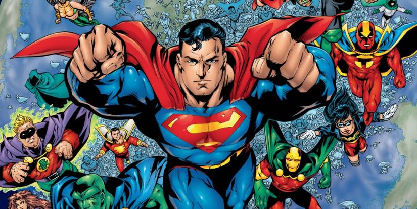 Justice League and Justice Society heroes flying in DC Comics