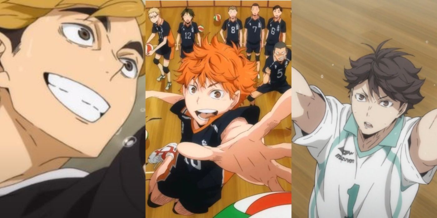 A three-image collage from Haikyuu!! On the left, Atsumu Miya grins as he sets the ball. In the middle, Shouyou Hinata jumps up to spike the ball with his team in the background. On the right, Tooru Oikawa reaches up to set the ball with a determined expression.