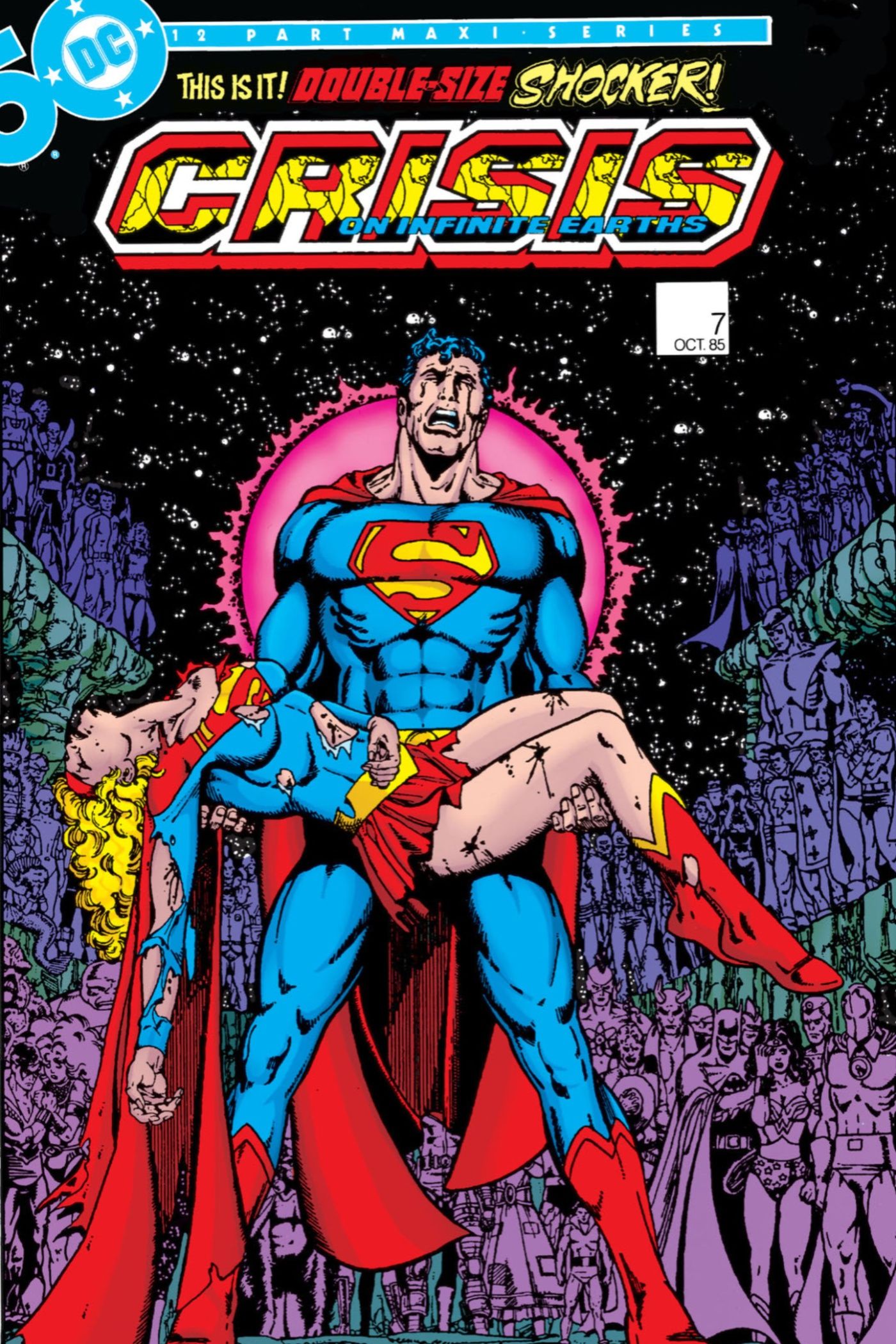 Superman carregando capa da Supermulher Crise nas Infinitas Terras