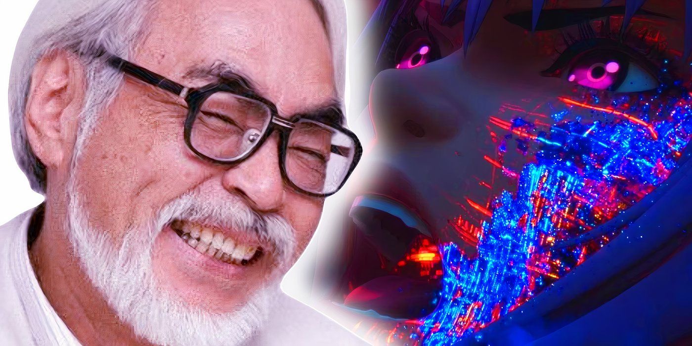 Hayao Miyazaki sorrindo e Motoko de Ghost in the Shell gritando