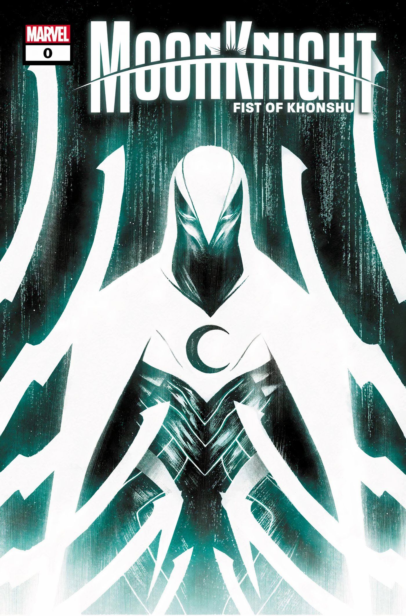 Moon Knight Fist of Khonshu 0 Cappuccio Variant Cover: Moon Knight posa em um traje branco brilhante.