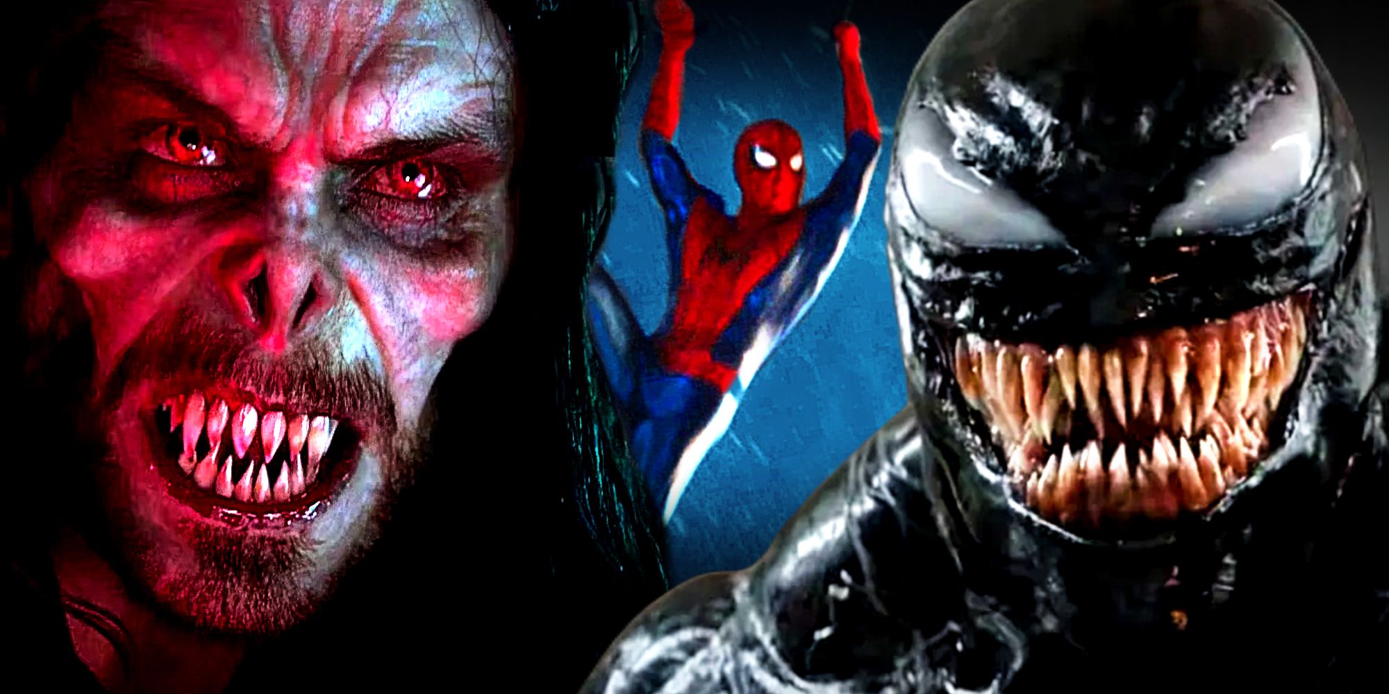 Morbius and Venom showing off their teeth with Spider-Man web-slinging in No Way Home's Ending
