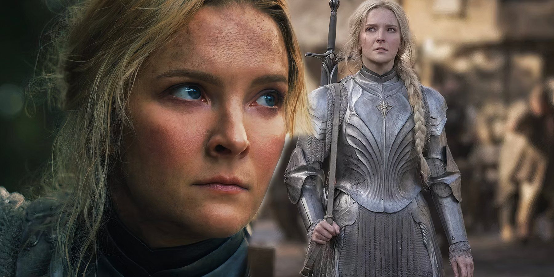 Morfydd Clark as Galadriel looking off to the side next to Galadriel in armor in The Rings of Power