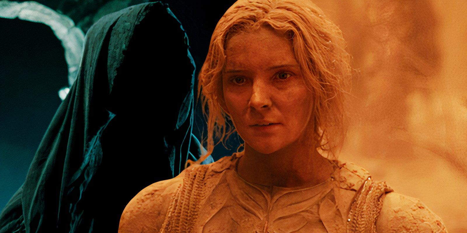 Morfydd Clark as Galadriel in The Rings of Power juxtaposed with a Nazgul in The Lord of the Rings The Fellowship of the Ring