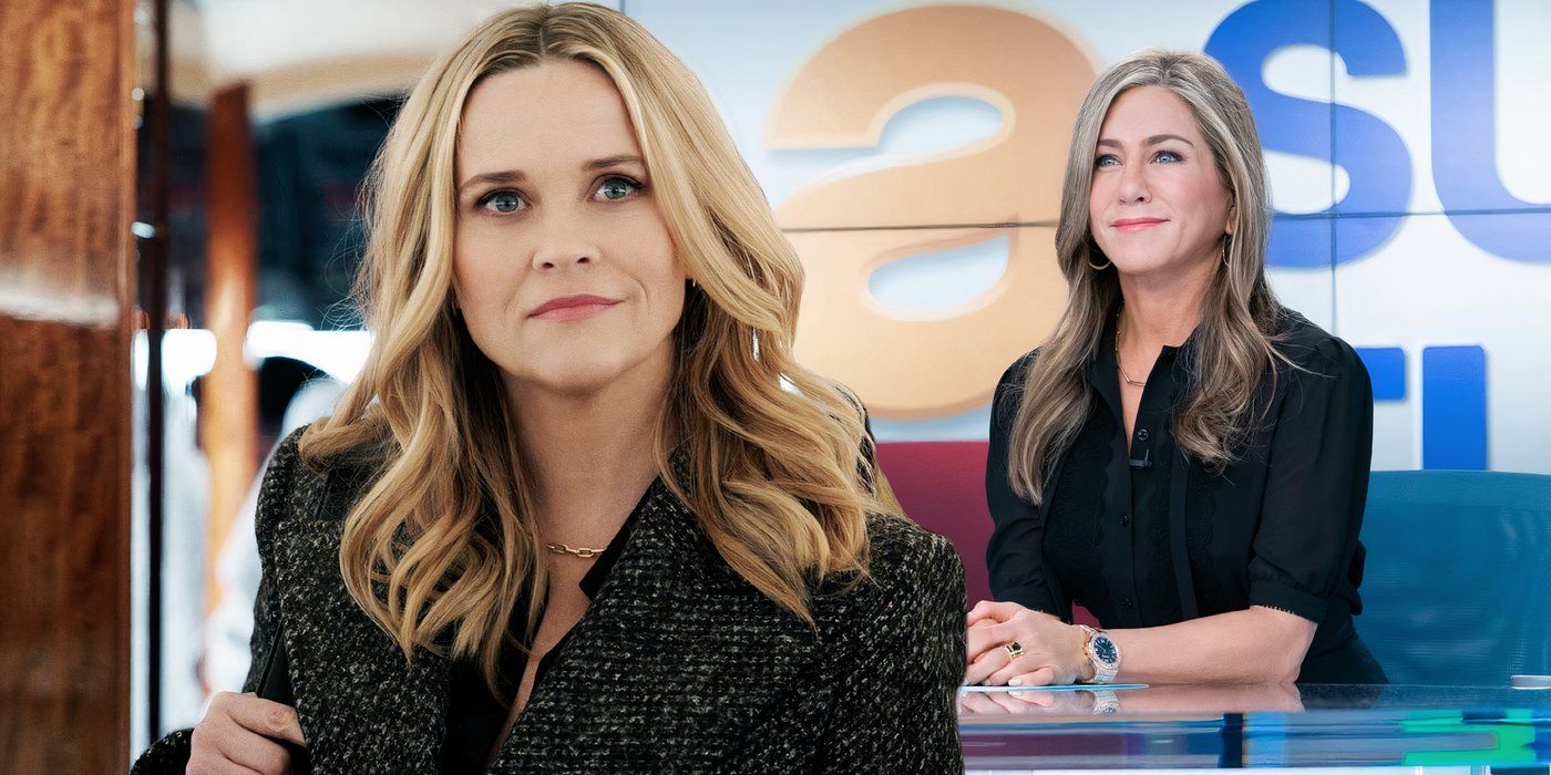 A composite image of Reese Witherspoon looking determined while looking on in front of Jenifer Aniston hosting the show with a smile in The Morning Show