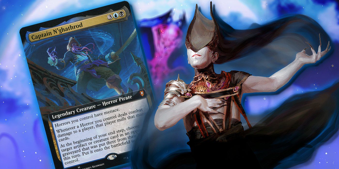 A Captain N'ghathrod card to the left and Planeswalker Ashiok posing to the right.