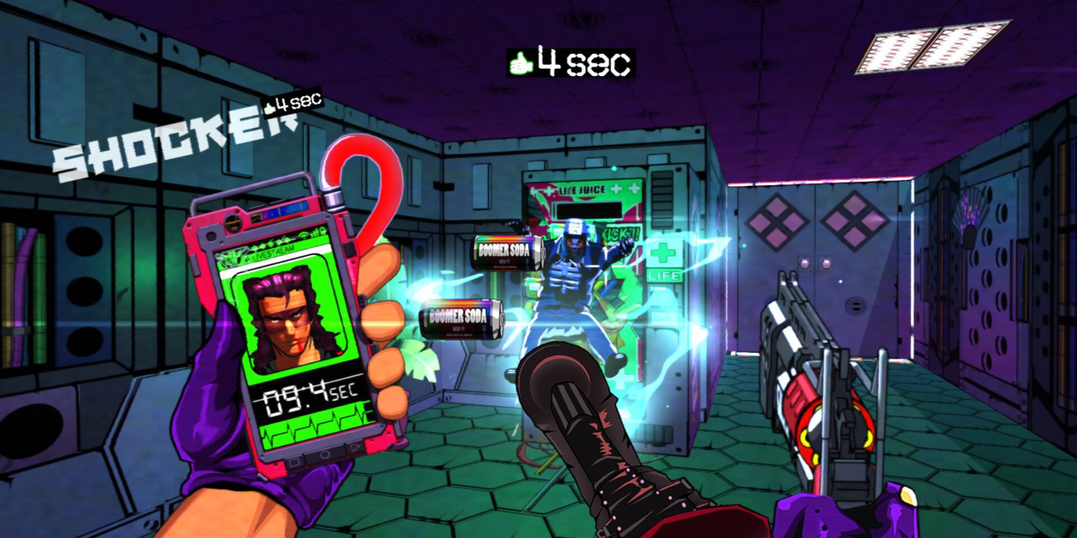 A first-person kick in the hypersaturated FPS Mullet Madjack.