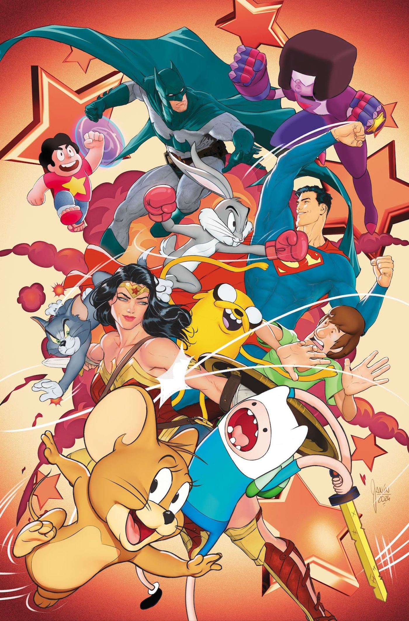 Multiversus Collision Detective Janin Variant Cover: Batman, Superman, and Wonder Woman among other WB characters.