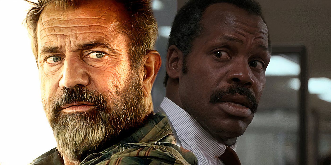 Mel Gibson com uma barba parecendo estóico ao lado de Danny Glover olhando por cima do ombro em Máquina Mortífera