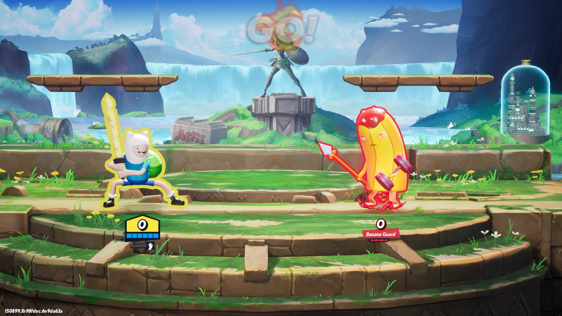 Imagem do Trophy's EDGE no MultiVersus com duas plataformas sobre as cabeças de Finn e Banana Guard.