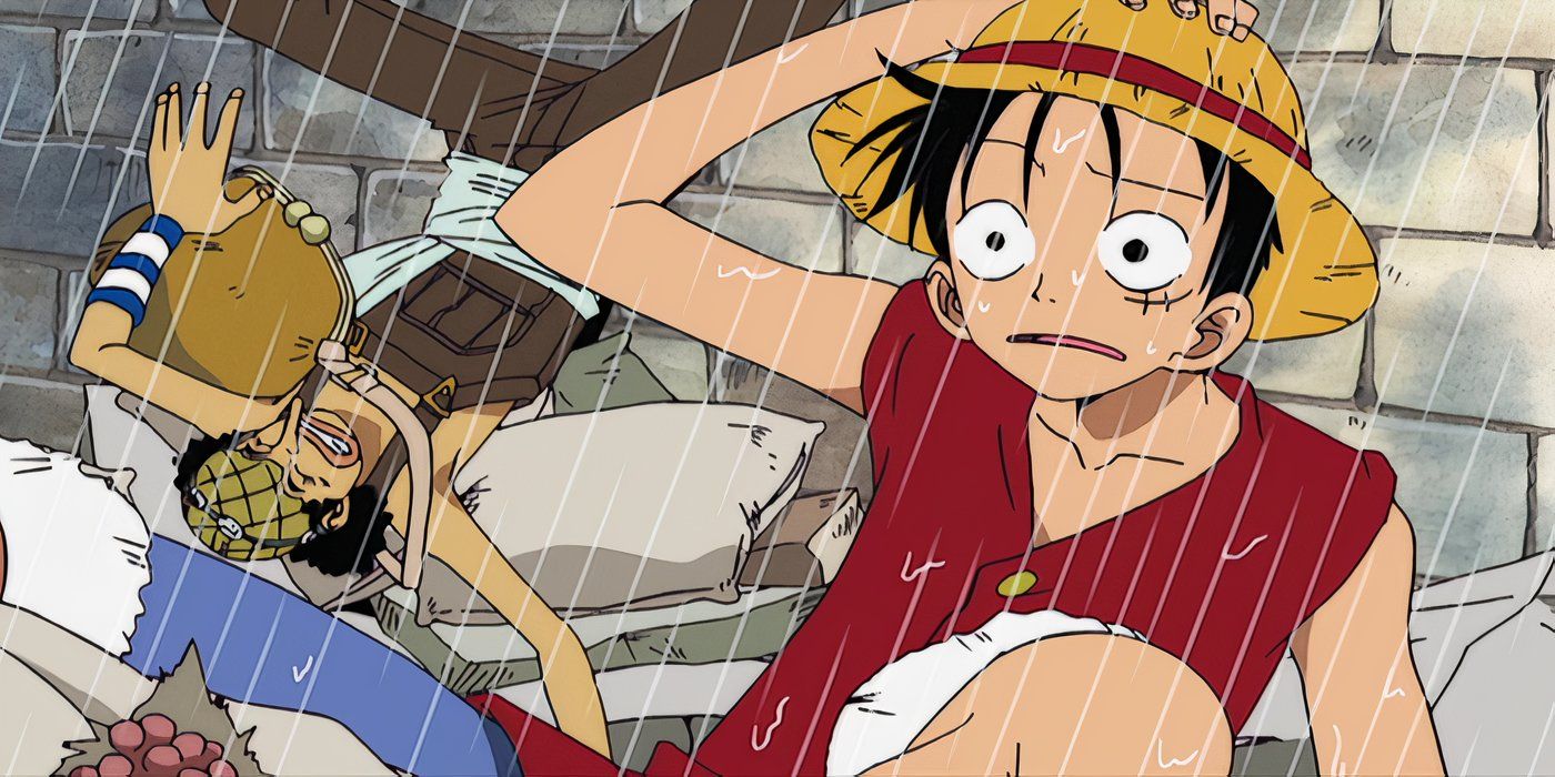 Luffy está preocupado cuando Usopp se cae bajo la lluvia en One Piece.