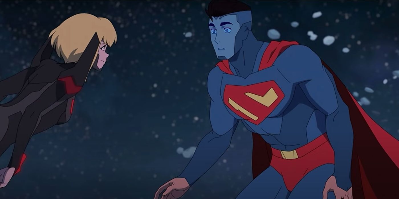 My Adventures With Superman season 2 episode 6 Superman looking shocked at Supergirl in space