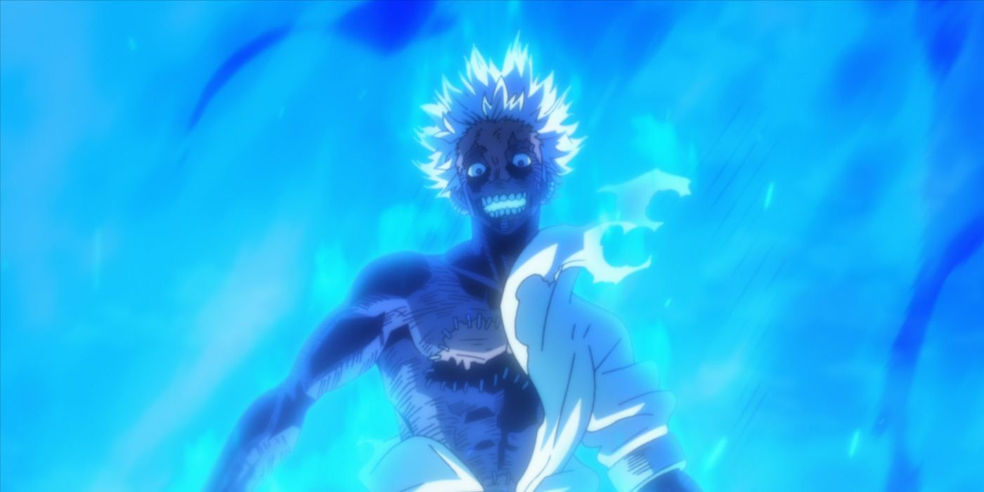 Dabi igniting himself with blue flames, coming ever closer to death.
