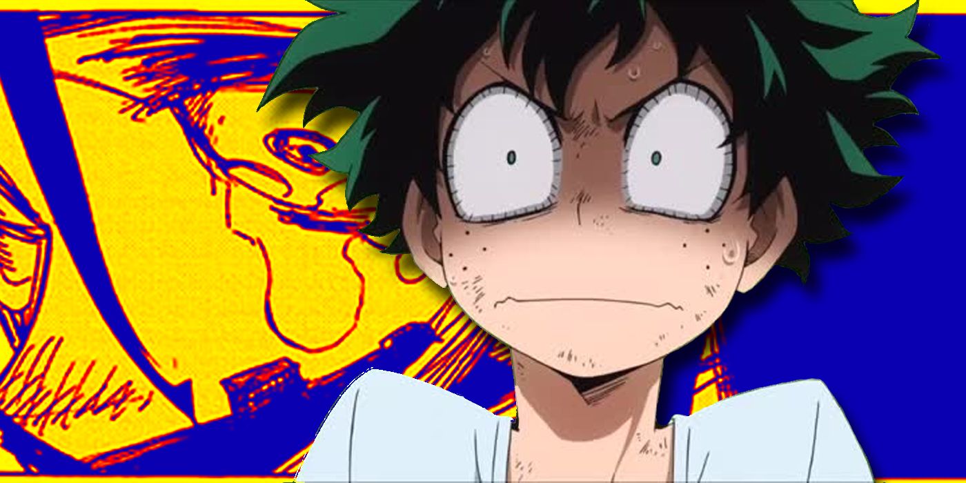 My Hero Academia: Deku looking surprised in front of a manga panel depicting a mystery character