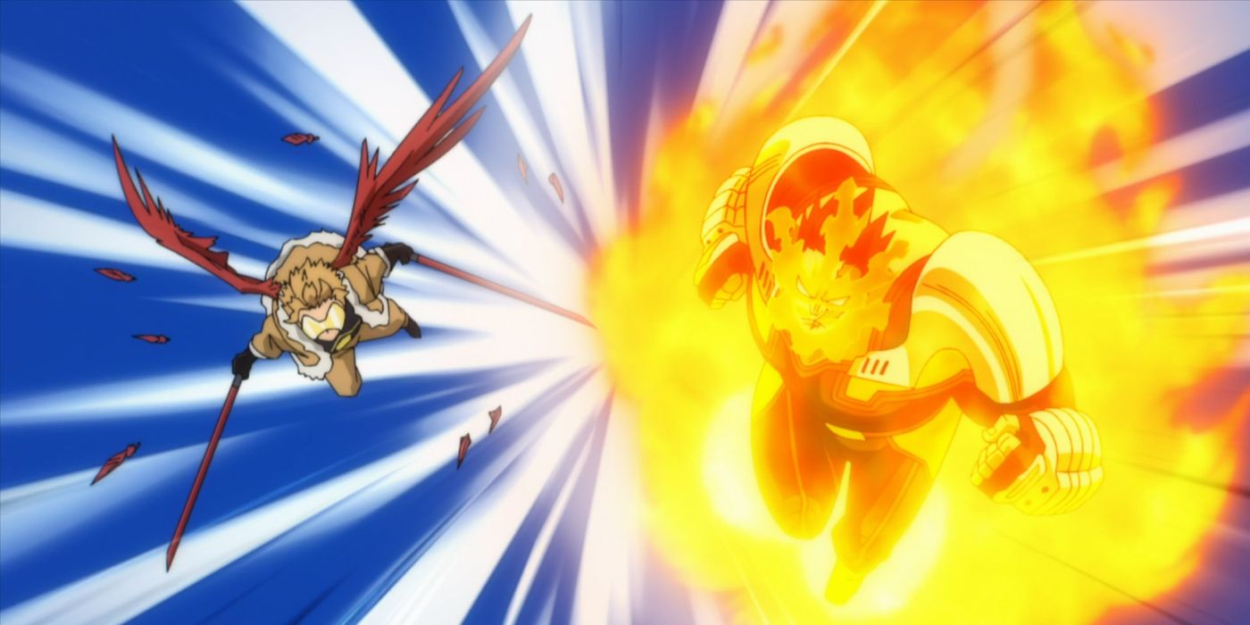 Hawks, a winged hero, and Endeavor, enveloped in flame, charge forward in front of action lines.