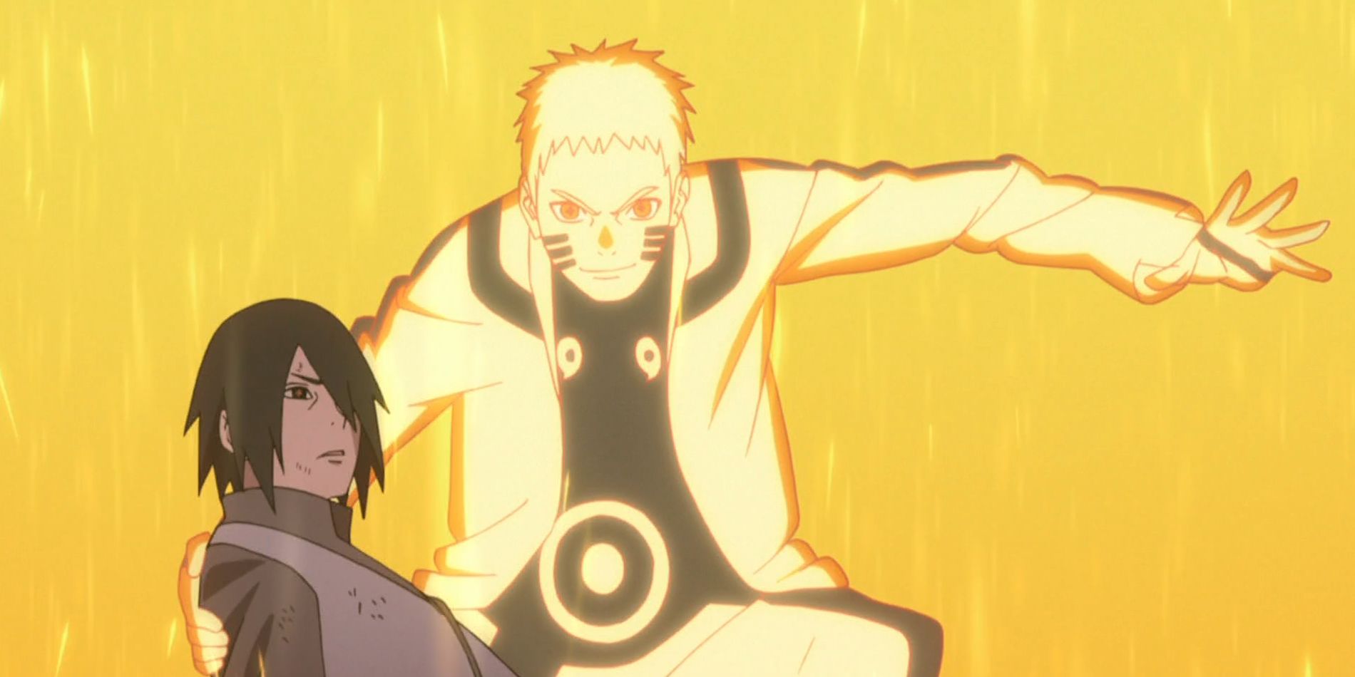 Naruto apoiando Sasuke na luta contra Momoshiki em Boruto