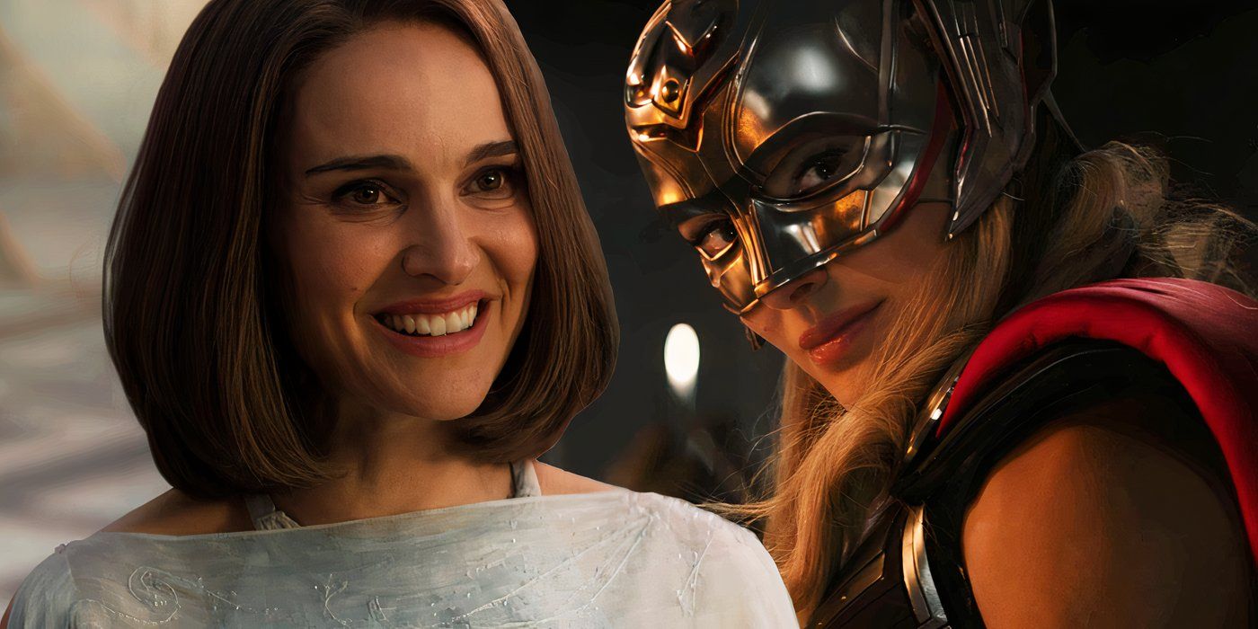 Natalie Portman's Jane Foster in Valhalla on the left, Jane Foster as Lady Thor on the right, from Thor Love & Thunder