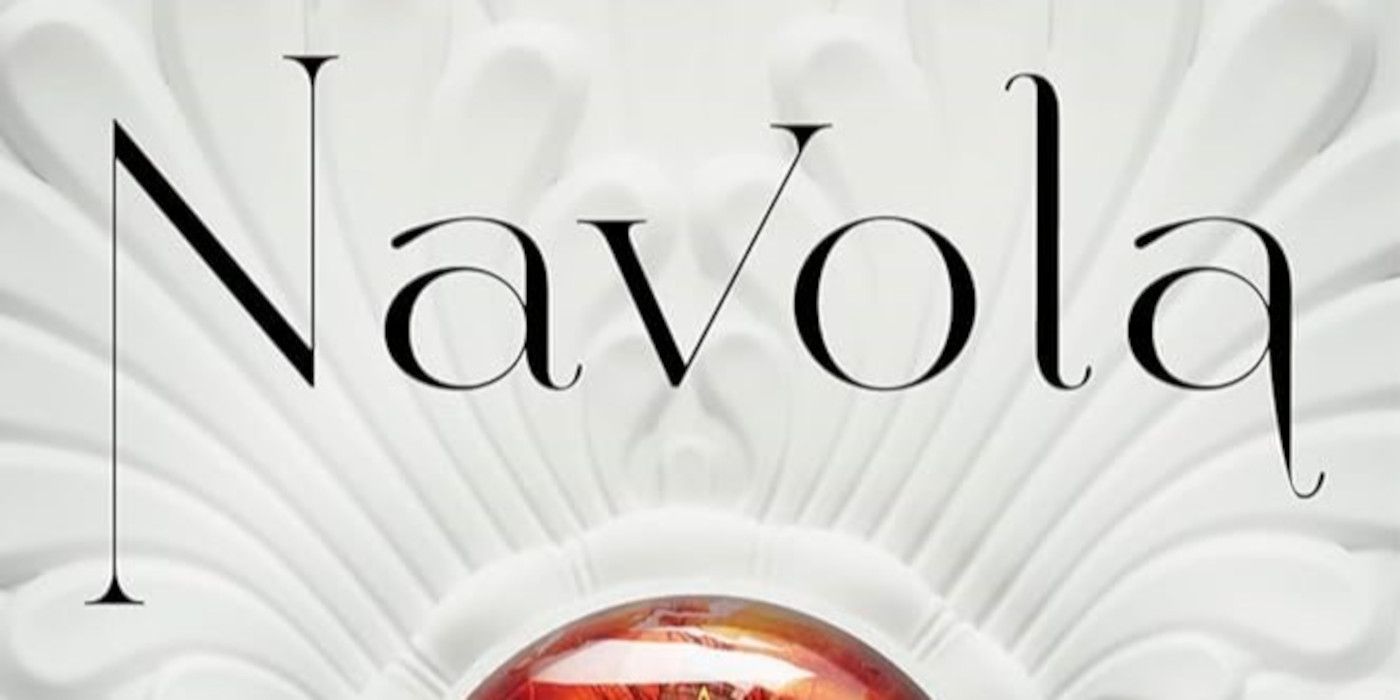 Navola Cover featuring the title in black text, a white background, and the top of a red dragon eye