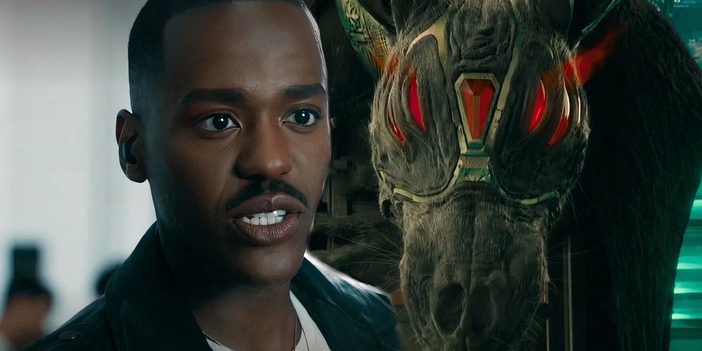 Ncuti Gatwa as the Fifteenth Doctor next to Sutekh guarding the TARDIS in Doctor Who season 14
