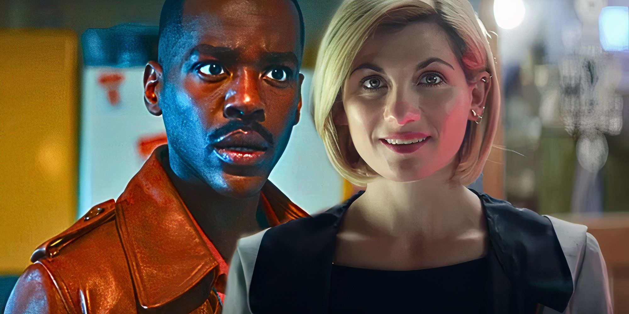 Ncuti Gatwa looking shocked as the Fifteenth Doctor next to Jodie Whittaker looking happy as the Thirteenth Doctor in Doctor Who