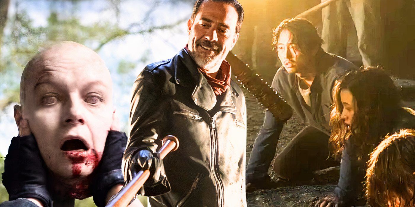 A collage image of Alphas head, Negan with Lucille, and Glenn kneeling before Negan prior to his death in The Walking Dead