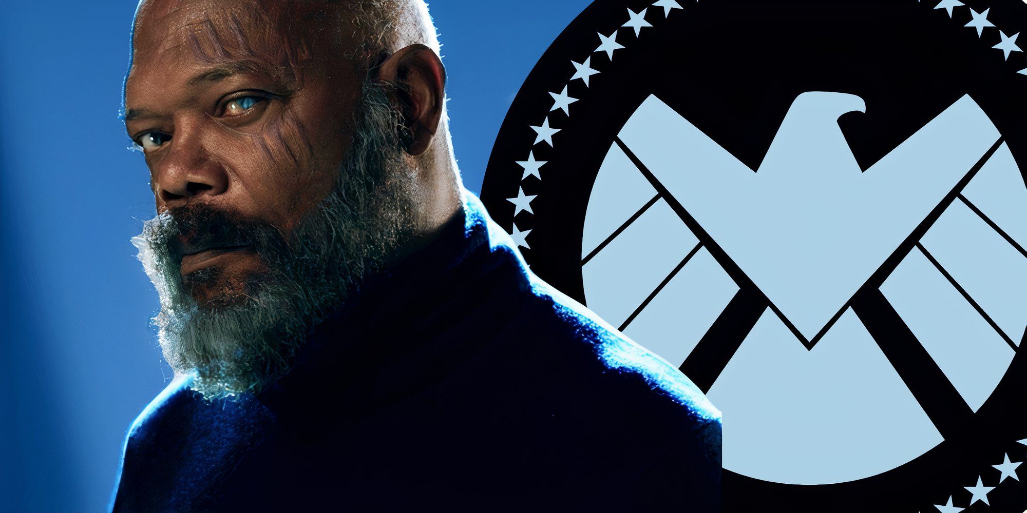 Nick Fury in the MCU next to SHIELD logo