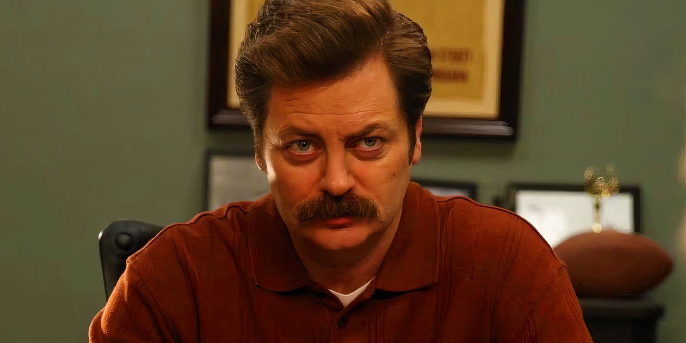 Nick Offerman as Ron Swanson in the office in Parks and Recreation