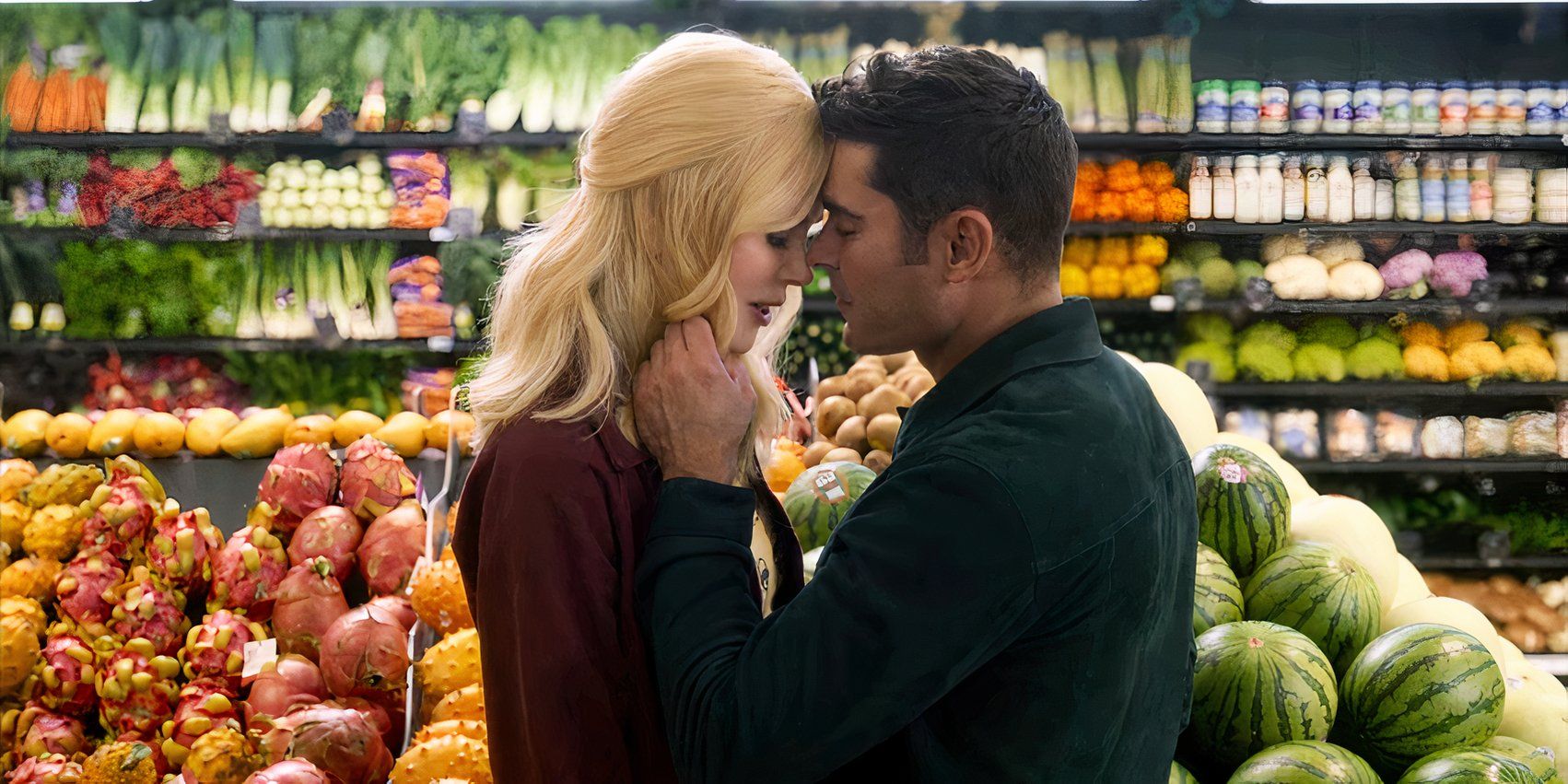 Nicole Kidman as Brooke and Zac Efron as Chris About to Kiss in the Produce Section in A Family Affair