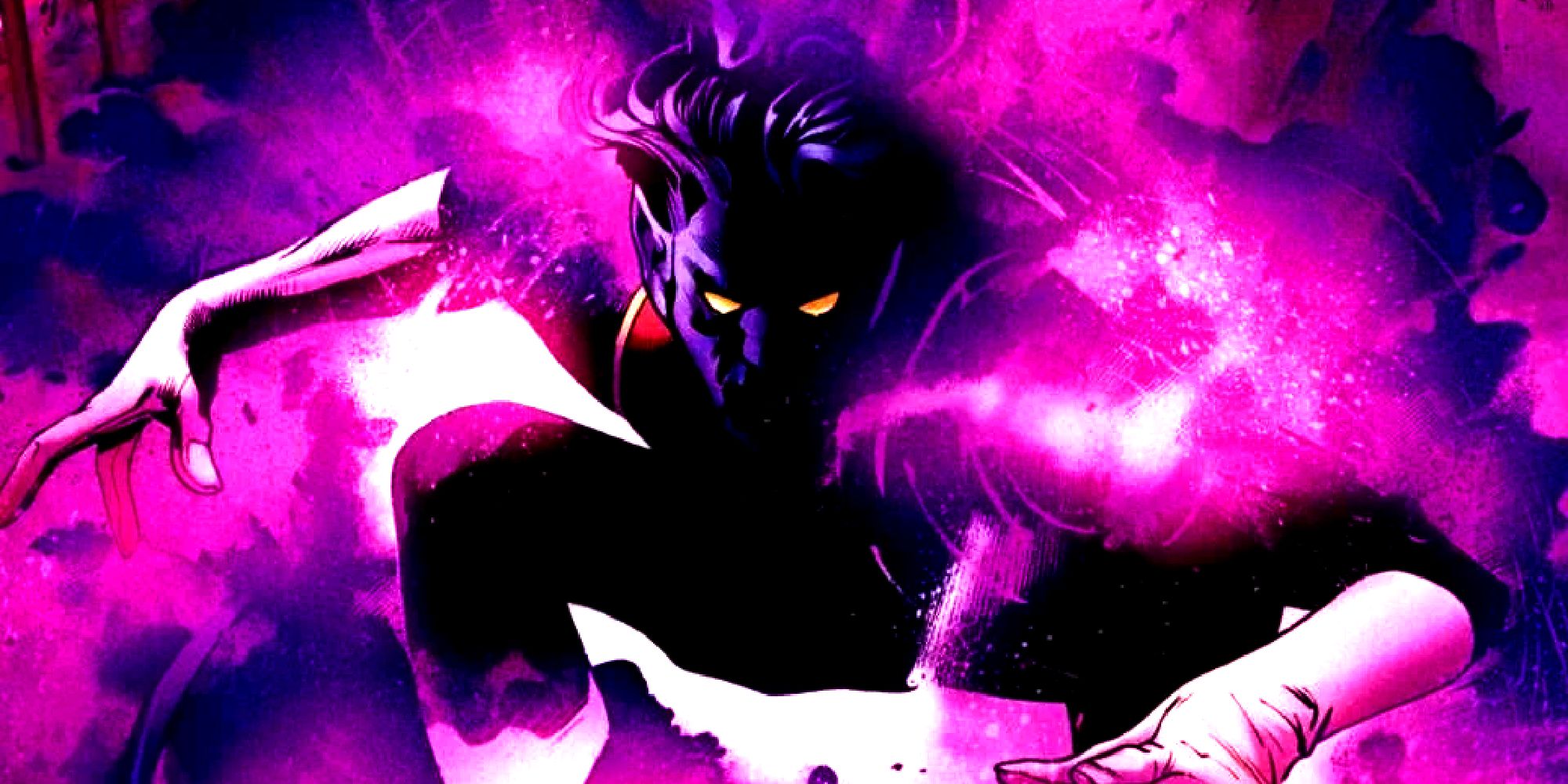 Nightcrawler teleports in a cloud of purple and blue smoke in X-Men Comics