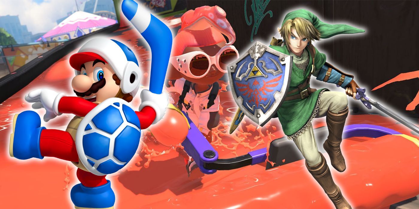 Mario with a boomerang and Link with his sword and shield alongside a Splatoon character with a paint roller
