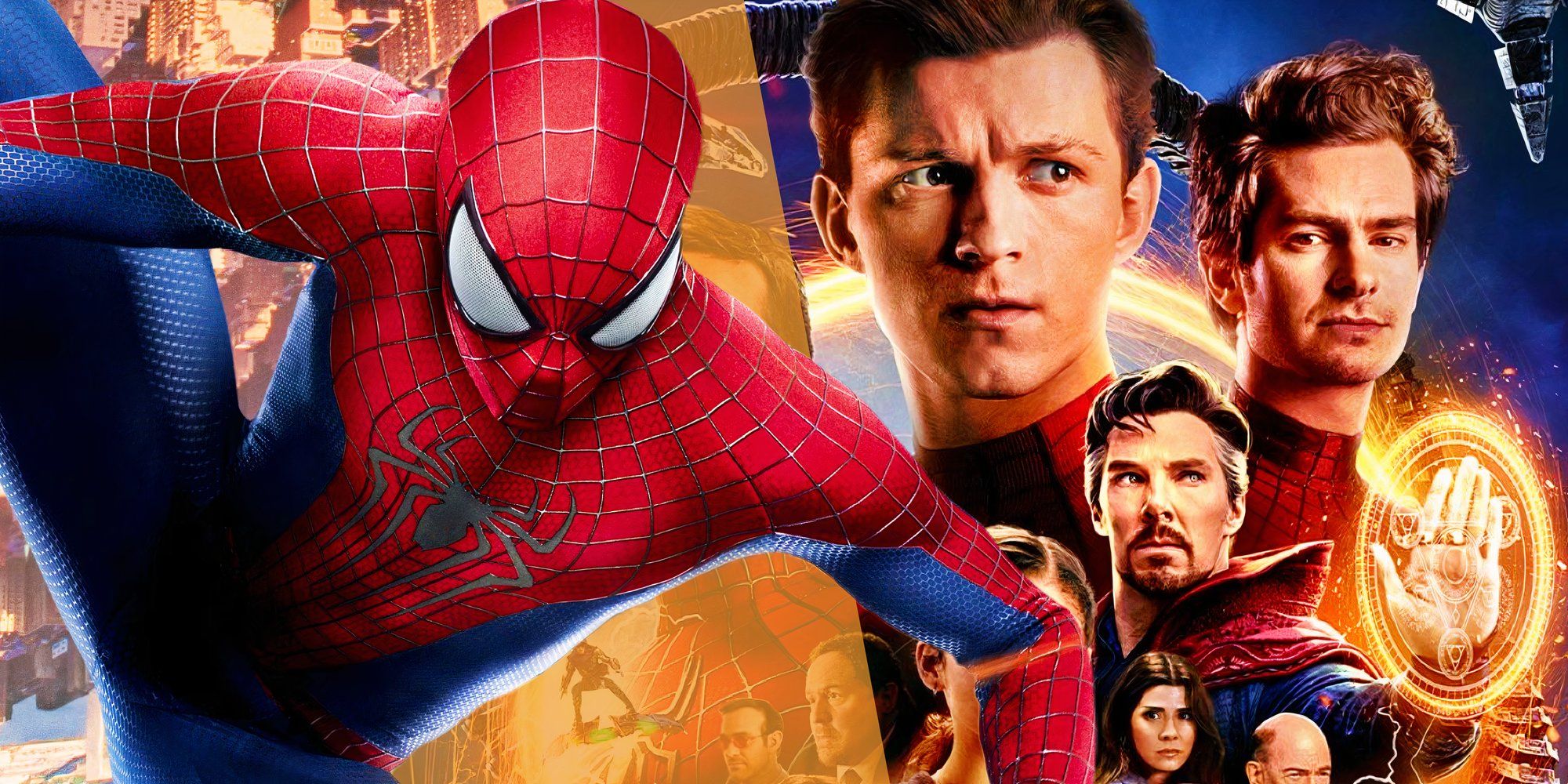 The poster for Spider-Man: No Way Home (2021) next to Andrew Garfield as Spider-Man in The Amazing Spider-Man 2 (2014)