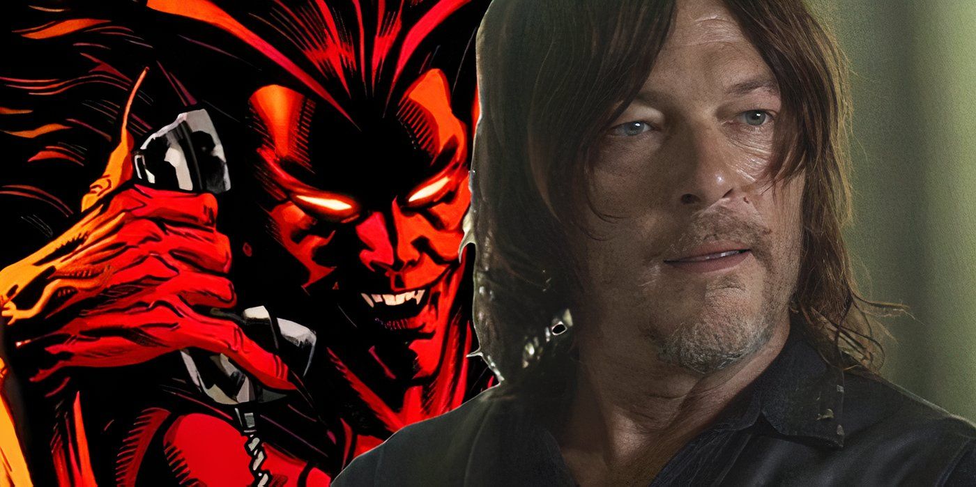 Norman Reedus looking serious in front of Mephisto on the phone in marvel comics