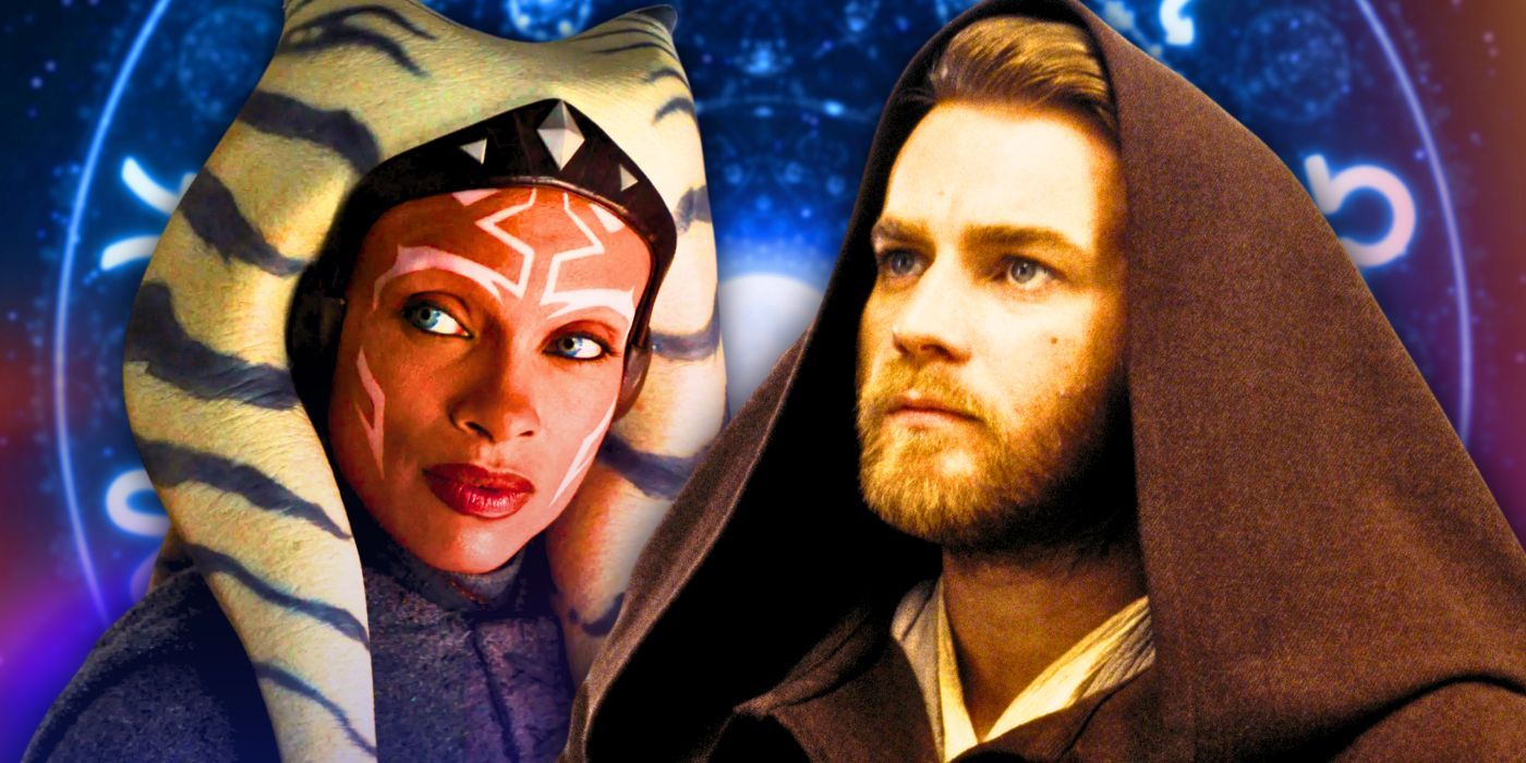 Rosario Dawson as Ahsoka Tano to the left and Ewan McGregor as Obi-Wan Kenobi with his hood up to the right in front of the Zodiac signs