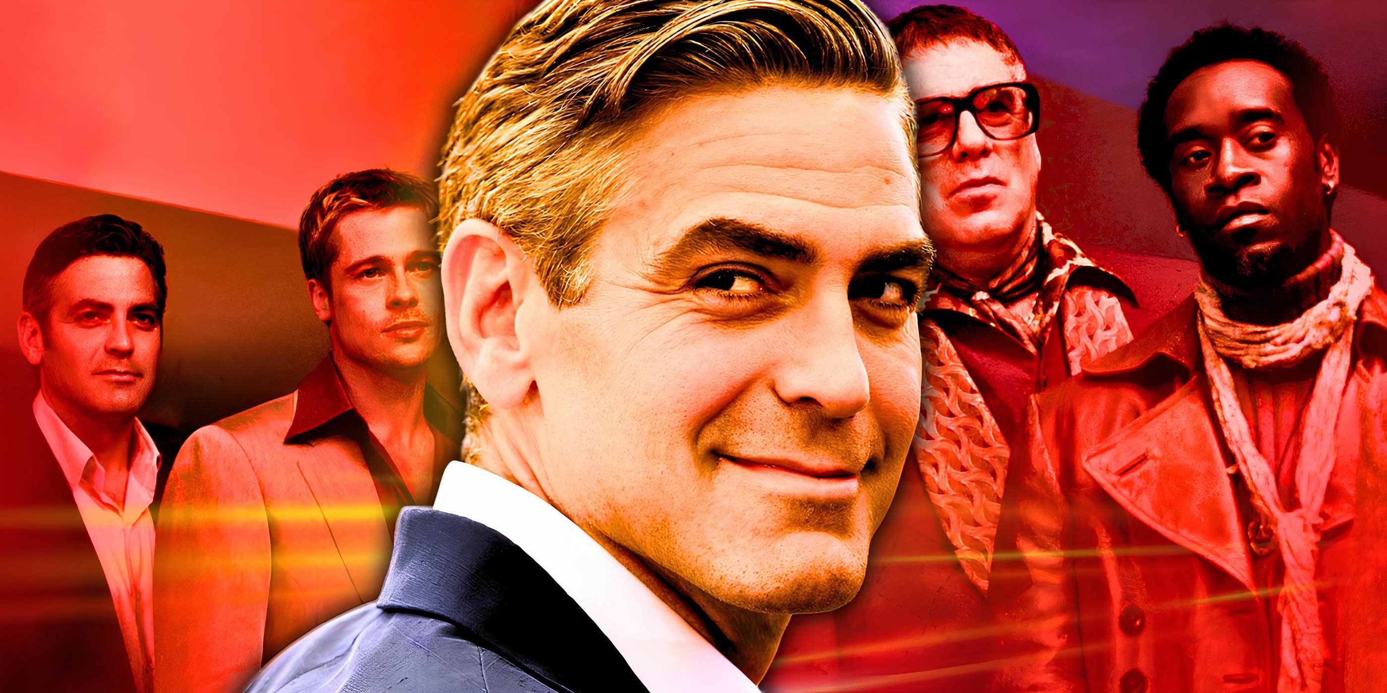 Collage of the Ocean's 11 cast with a closeup of George Clooney in front of them.