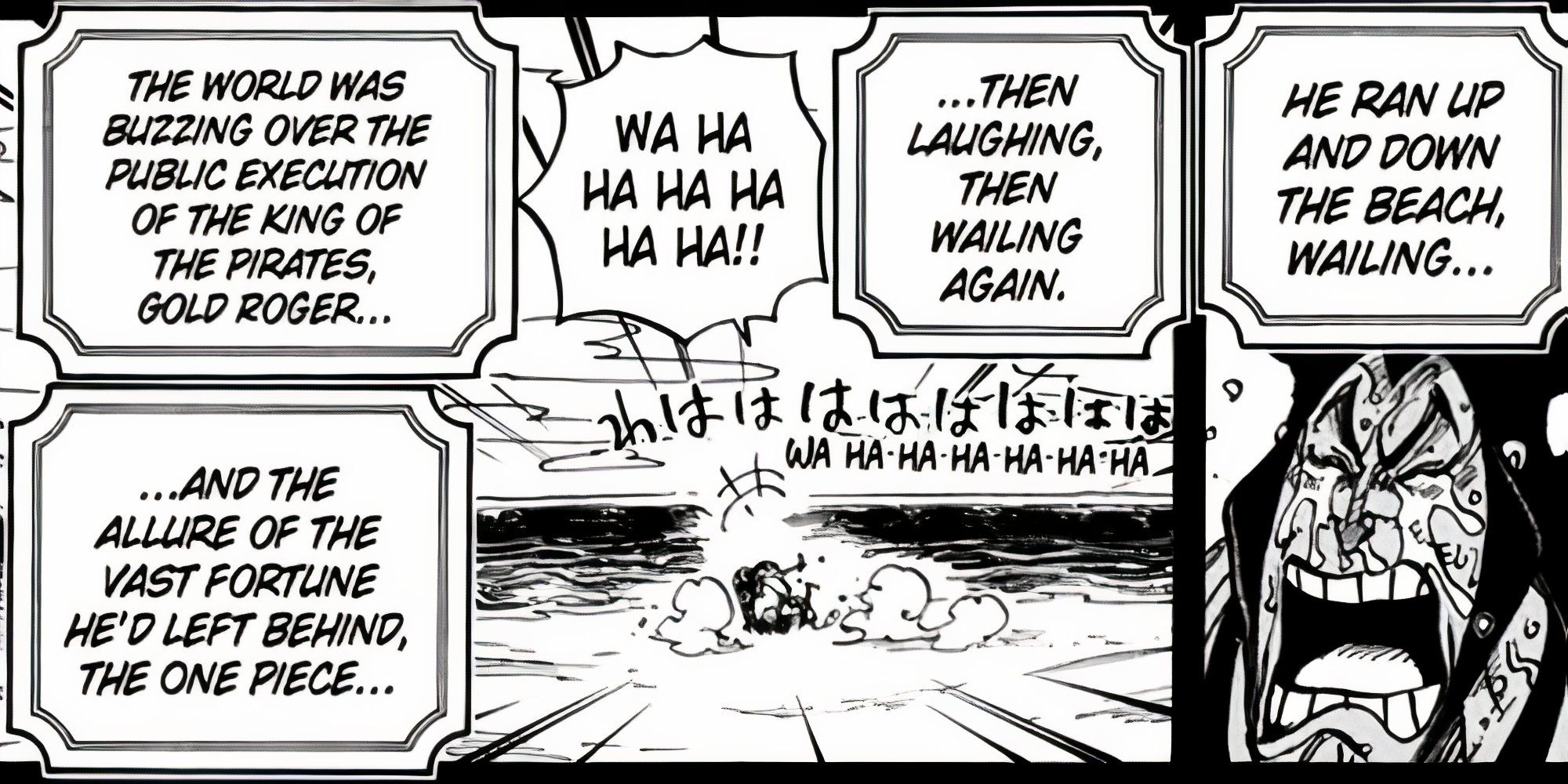 Oden laughing and crying at the news of roger's execution in one piece