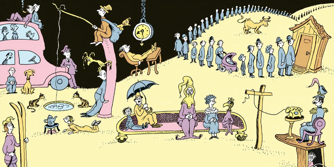 A zany scene from Oh, the Places You'll Go! by Dr. Seuss featuring people waiting in line, sitting on a bench, and riding a bus near a large hill